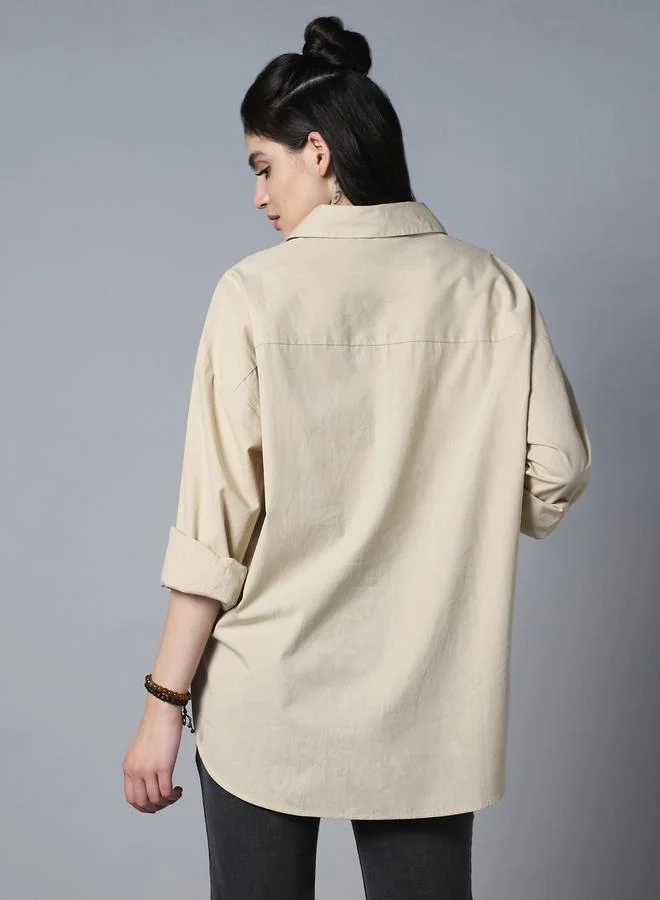 HIGH STAR Beige Women'S Beige 100% Cotton Solid Pattern Button Down Shirt for Women | Best Price UAE