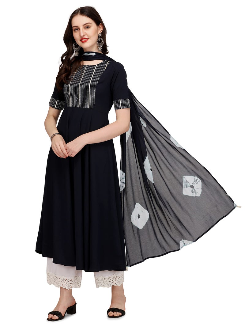 FIORRA Women's Navy Blue Poly Crepe Kurta with Dupatta SET0040-S - Image 5