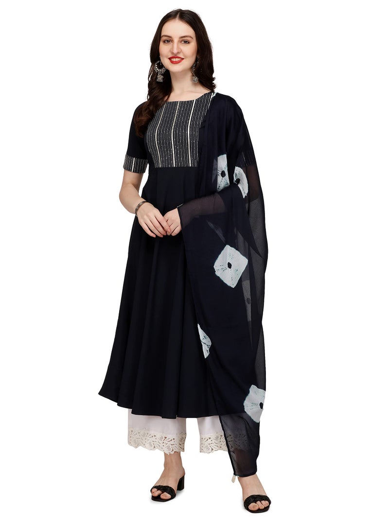 FIORRA Women's Navy Blue Poly Crepe Kurta with Dupatta SET0040-S - Image 1