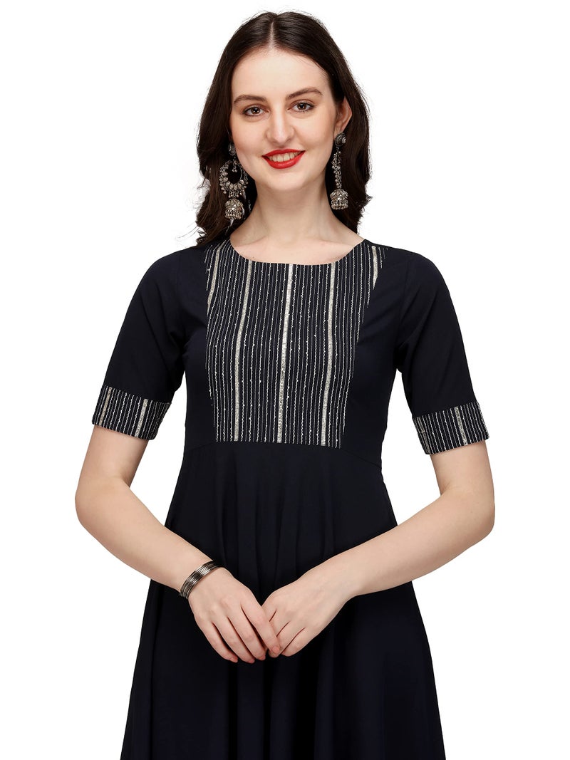 FIORRA Women's Navy Blue Poly Crepe Kurta with Dupatta SET0040-S - Image 4