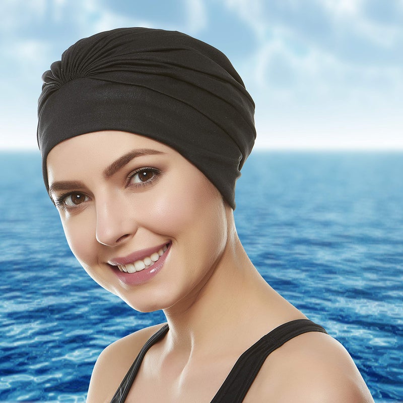 Beemo Swim Caps for Women Swimming Turban Polyester Latex Lined Pleated for Ladies - Black - Image 4