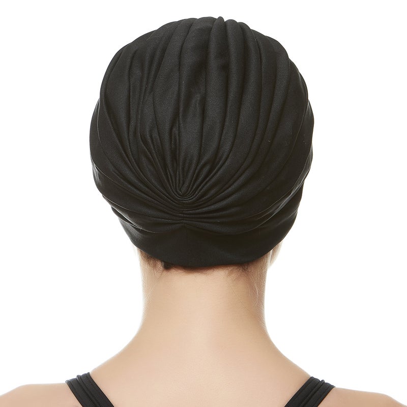 Beemo Swim Caps for Women Swimming Turban Polyester Latex Lined Pleated for Ladies - Black - Image 3