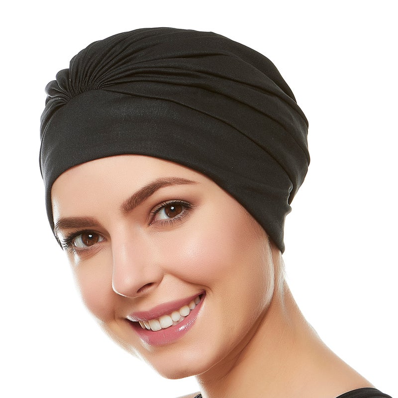 Beemo Swim Caps for Women Swimming Turban Polyester Latex Lined Pleated for Ladies - Black - Image 1