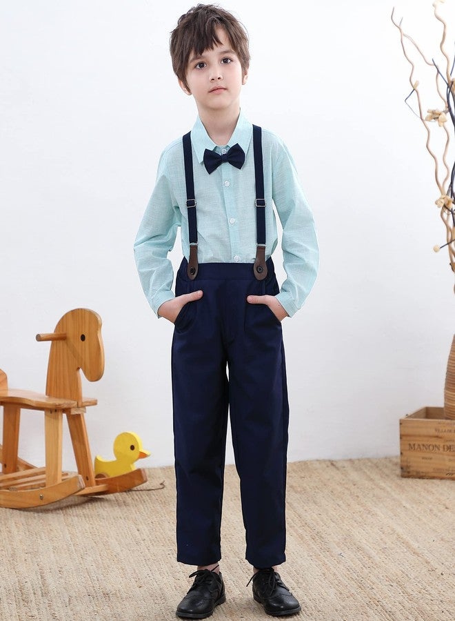 SANGTREE Baby Boy's Formal Outfit, Button Down Stripes Dress Shirt with Bow Tie + Suspender Pants Set for Toddlers Baby & Little Boys, 2 Pieces Baby Gift Clothes, Green, Tag 70 = 9-12 Months - Image 3