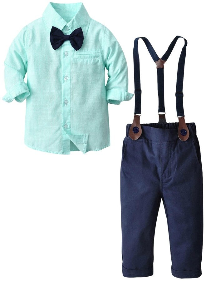 SANGTREE Baby Boy's Formal Outfit, Button Down Stripes Dress Shirt with Bow Tie + Suspender Pants Set for Toddlers Baby & Little Boys, 2 Pieces Baby Gift Clothes, Green, Tag 70 = 9-12 Months - Image 1