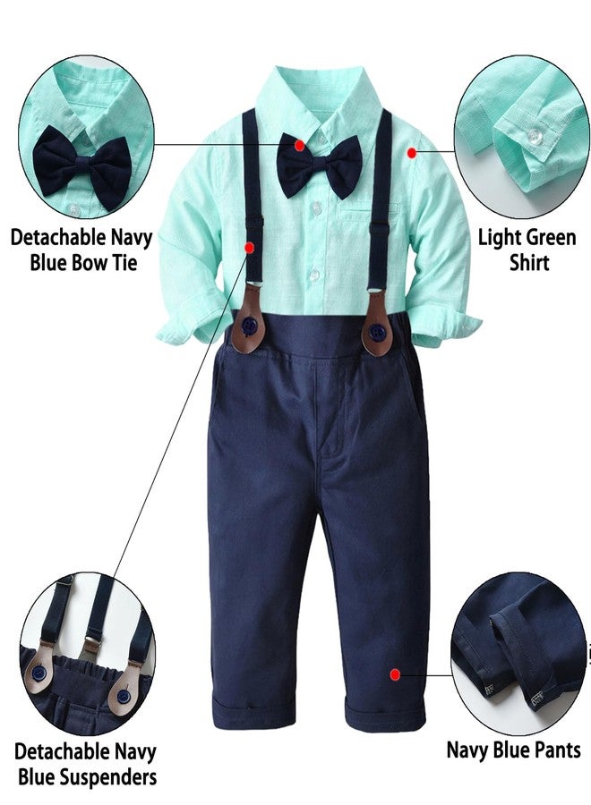 SANGTREE Baby Boy's Formal Outfit, Button Down Stripes Dress Shirt with Bow Tie + Suspender Pants Set for Toddlers Baby & Little Boys, 2 Pieces Baby Gift Clothes, Green, Tag 70 = 9-12 Months - Image 2