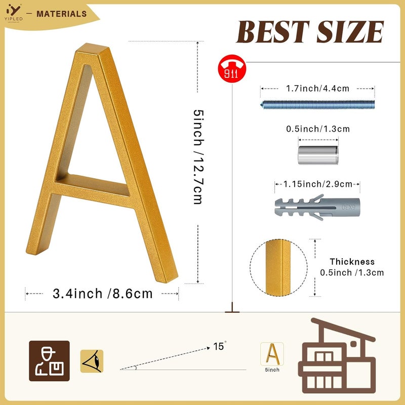 YIPLED 5 Inch House Numbers for Outside, Metal Address Number A - Modern Design, Weather-Resistant Gold Powder Coated Finish, No Fading (Gold) - Image 3