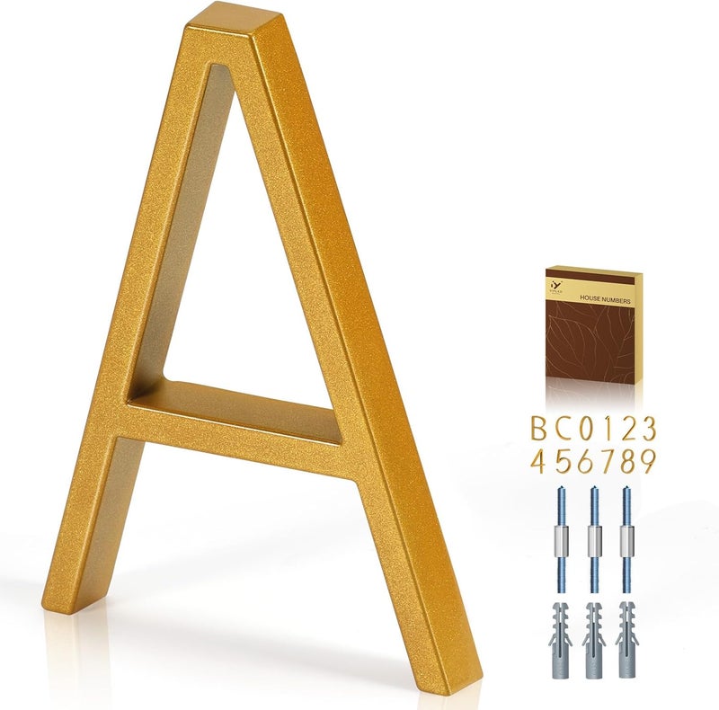 YIPLED 5 Inch House Numbers for Outside, Metal Address Number A - Modern Design, Weather-Resistant Gold Powder Coated Finish, No Fading (Gold) - Image 1