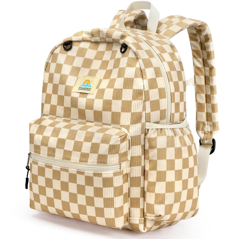 STEAMEDBUN Corduroy Kids Backpack for Girls and Boys 5-8: Girls Backpack for Elementary Kindergarten - 15 inch Cute Backpacks for Kids - Checkered - Image 1