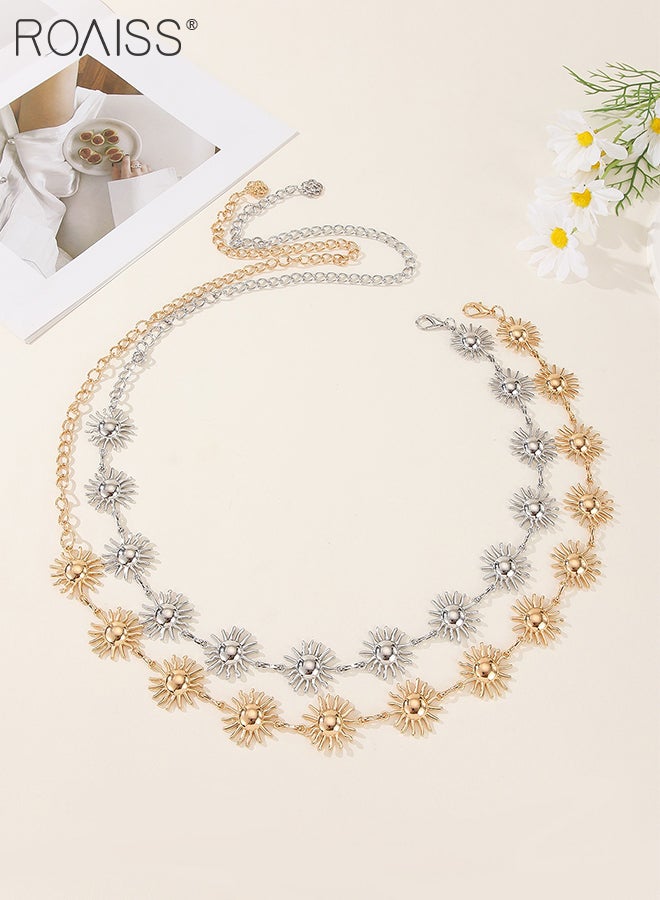 roaiss 2 Pcs Chain Belts for Women, Fashionable Sun-shaped Metal Waist Chain, Adjustable Sunflower Belt, Suitable for Matching Pants, Skirts, Dresses，110cm - Image 4