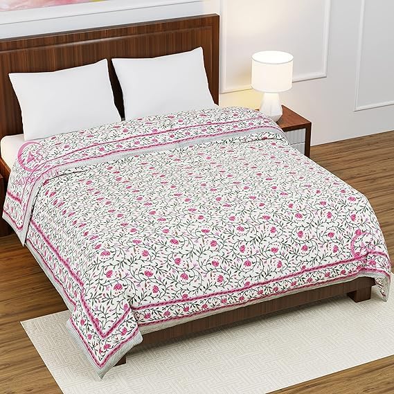 EMIOUR Jaipuri Razai Double Bed Cotton Quilt Razai Jaipuri Cotton Quilt AC QuiltRazaiRajai Floral PrintJaipuri razai Double Bed for Winter Pink Green 85 x 100 inch Double Bed  - Image 4