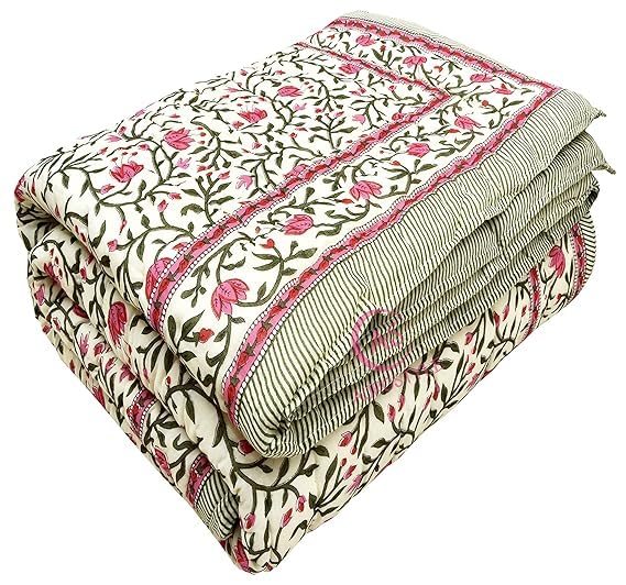EMIOUR Jaipuri Razai Double Bed Cotton Quilt Razai Jaipuri Cotton Quilt AC QuiltRazaiRajai Floral PrintJaipuri razai Double Bed for Winter Pink Green 85 x 100 inch Double Bed  - Image 2
