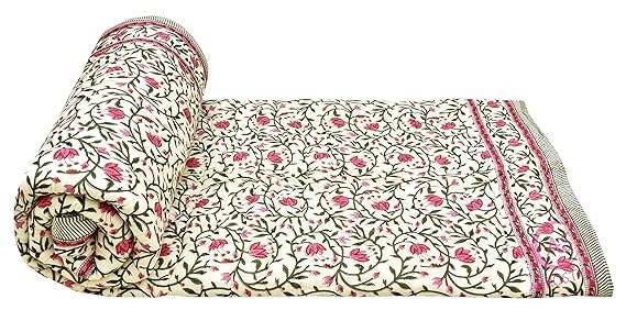 EMIOUR Jaipuri Razai Double Bed Cotton Quilt Razai Jaipuri Cotton Quilt AC QuiltRazaiRajai Floral PrintJaipuri razai Double Bed for Winter Pink Green 85 x 100 inch Double Bed  - Image 3