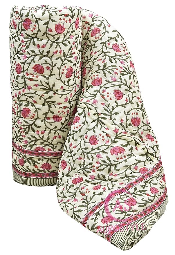 EMIOUR Jaipuri Razai Double Bed Cotton Quilt Razai Jaipuri Cotton Quilt AC QuiltRazaiRajai Floral PrintJaipuri razai Double Bed for Winter Pink Green 85 x 100 inch Double Bed  - Image 1