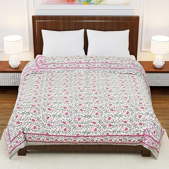 EMIOUR Jaipuri Razai Double Bed Cotton Quilt Razai Jaipuri Cotton Quilt AC QuiltRazaiRajai Floral PrintJaipuri razai Double Bed for Winter Pink Green 85 x 100 inch Double Bed  - Image 5