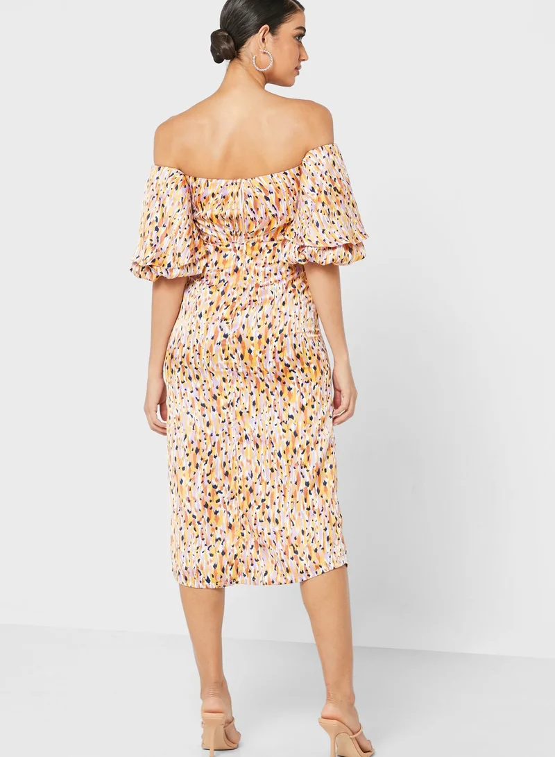 Pearls and Portraits Off Shoulder Dress