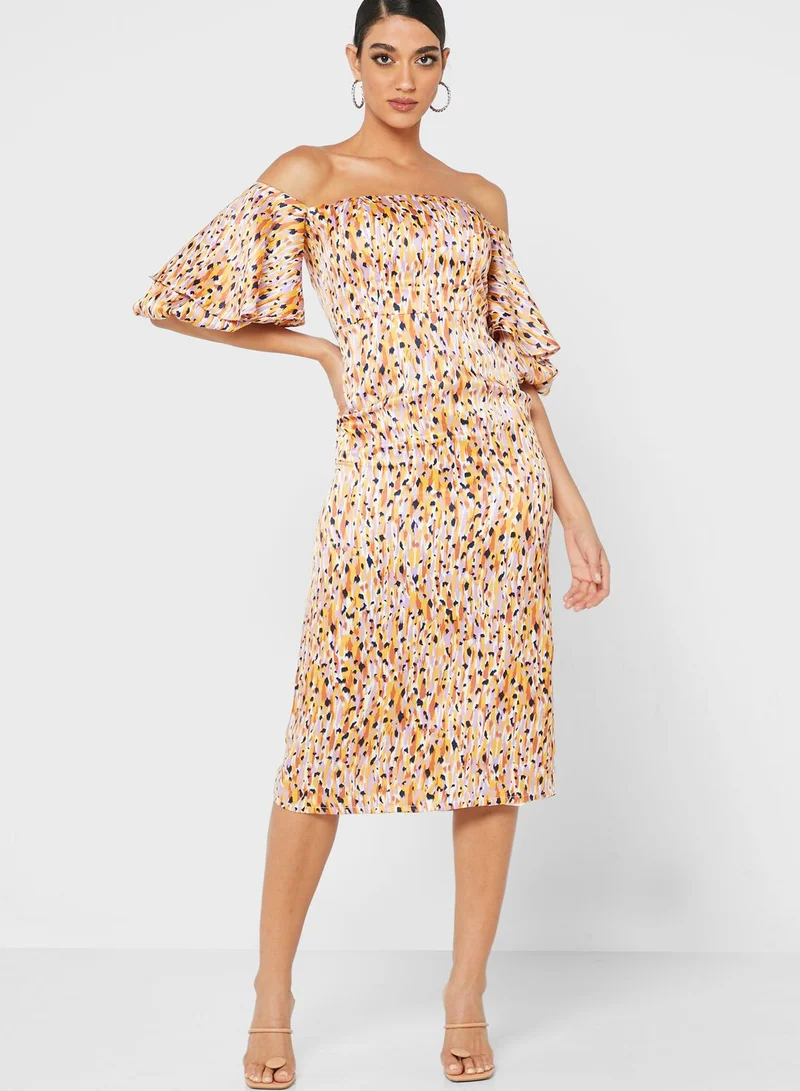 Pearls and Portraits Off Shoulder Dress