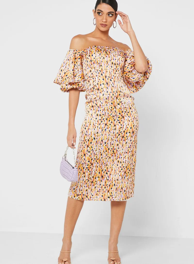Pearls and Portraits Off Shoulder Dress