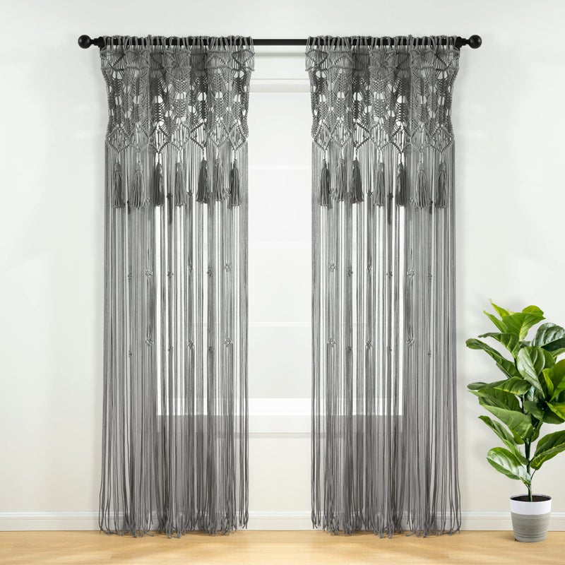 Lush Decor Lush Decor Boho Macrame Tassel Cotton Window CurtainRoom DividerWedding BackdropWall Decor 84 L x 50 W Gray 