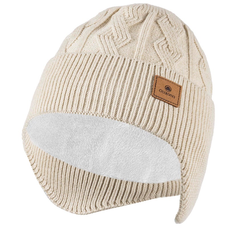 Ocatoma Winter Beanie with Earflap for Men Women Soft Warm Knit hat Fleece Lined Beanie Stocking Cap Outdoor Unisex Beige - Image 1