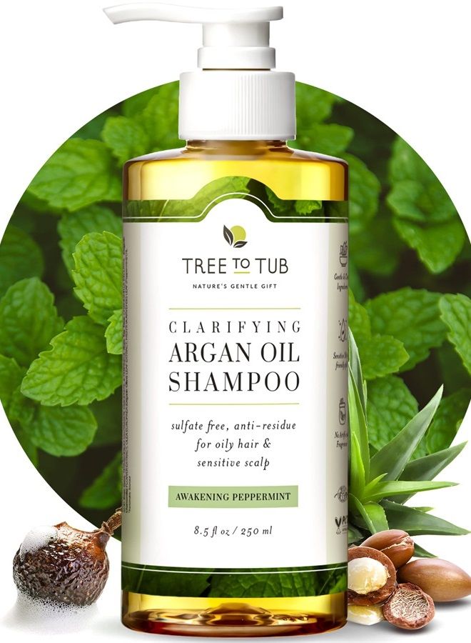 Tree to Tub Peppermint Shampoo for Oily Hair & Sensitive Scalp - Gentle Clarifying Shampoo for Build Up, Sulfate Free Residue Free Hair Shampoo for Women & Men w/Organic Argan Oil, Natural Aloe Vera  - Image 1