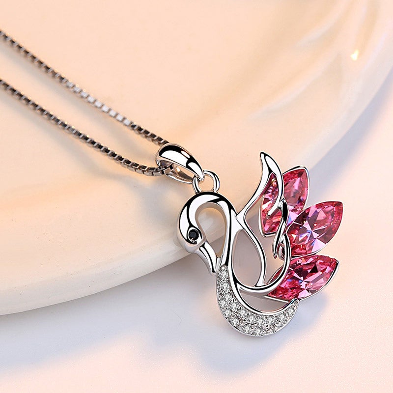 Generic Korean Style Silver Plated New Blue Crystal Swan Pendant Diamond Zircon Swan Necklace Simple Fashion Student Jewelry Rose Red [without chain] plating Platinum 