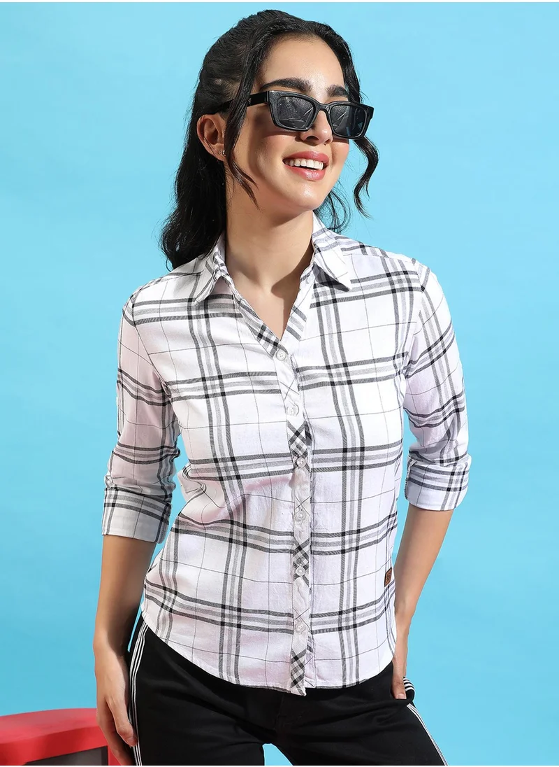 Campus Sutra Campus Sutra Women's Navy Blue Tartan Plaid Button Up Regular Fit ShirtFor Casual Wear | Spread Collar | Long Sleeves | Cotton Shirt Crafted With Regular Sleeve & Comfort Fit For Everyday Wear