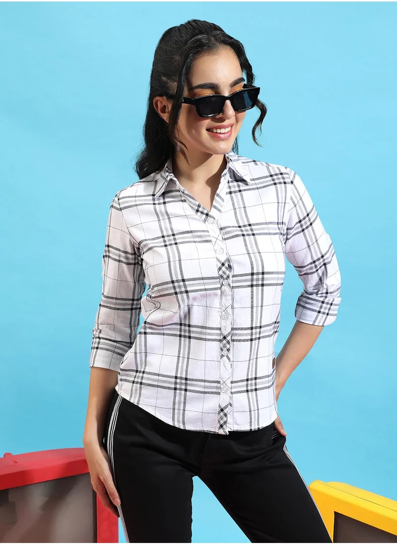 Campus Sutra Campus Sutra Women's Navy Blue Tartan Plaid Button Up Regular Fit ShirtFor Casual Wear | Spread Collar | Long Sleeves | Cotton Shirt Crafted With Regular Sleeve & Comfort Fit For Everyday Wear