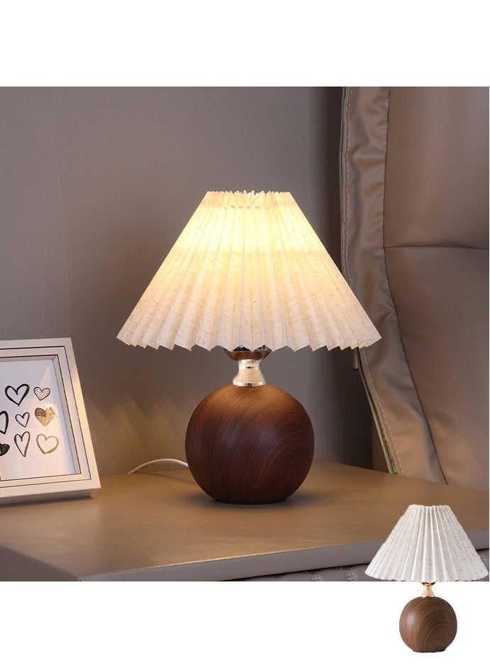 XiuWoo Wood Grain Pleated Table Lamp Wood Grain Base Table Lamp with Drum Shade Aesthetic Lamps for Bedroom Vintage Lamp Shade Nightstand Lamp Table Lamp with Usb Port Living Room Bell Lamp Lampshade Cloth - Image 1