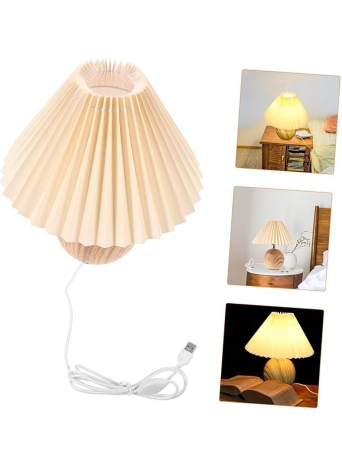 XiuWoo Wood Grain Pleated Table Lamp Wood Grain Base Table Lamp with Drum Shade Aesthetic Lamps for Bedroom Vintage Lamp Shade Nightstand Lamp Table Lamp with Usb Port Living Room Bell Lamp Lampshade Cloth - Image 3