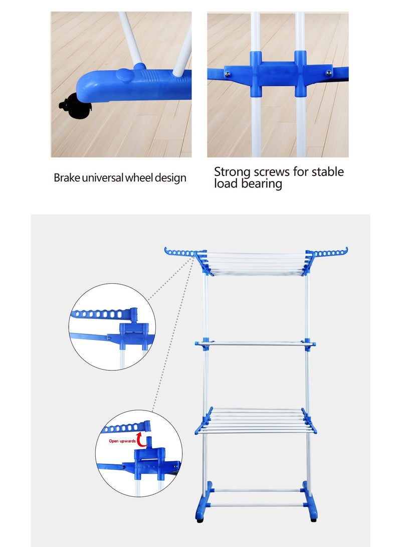 ZAPRUS Heavy Duty 4-Tier Clothes Drying Rack with Wheels – Foldable Iron Pipe Laundry Dryer Stand 16mm, Space Saving Garment Hanger Organizer for Indoor & Outdoor Use, Blue & White (72×64×170 cm) - Image 3