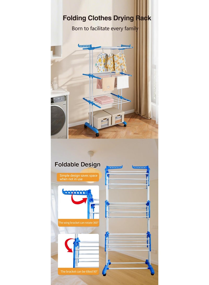 ZAPRUS Heavy Duty 4-Tier Clothes Drying Rack with Wheels – Foldable Iron Pipe Laundry Dryer Stand 16mm, Space Saving Garment Hanger Organizer for Indoor & Outdoor Use, Blue & White (72×64×170 cm) - Image 5
