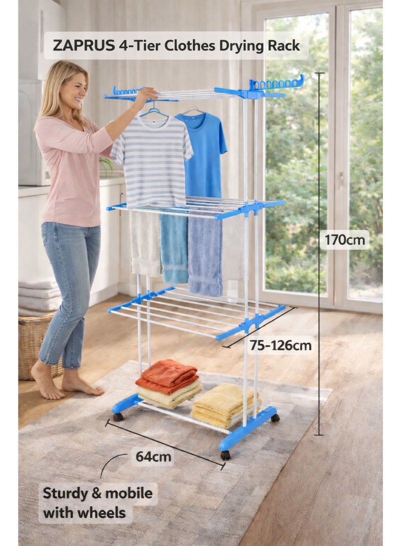 ZAPRUS Heavy Duty 4-Tier Clothes Drying Rack with Wheels – Foldable Iron Pipe Laundry Dryer Stand 16mm, Space Saving Garment Hanger Organizer for Indoor & Outdoor Use, Blue & White (72×64×170 cm) - Image 1