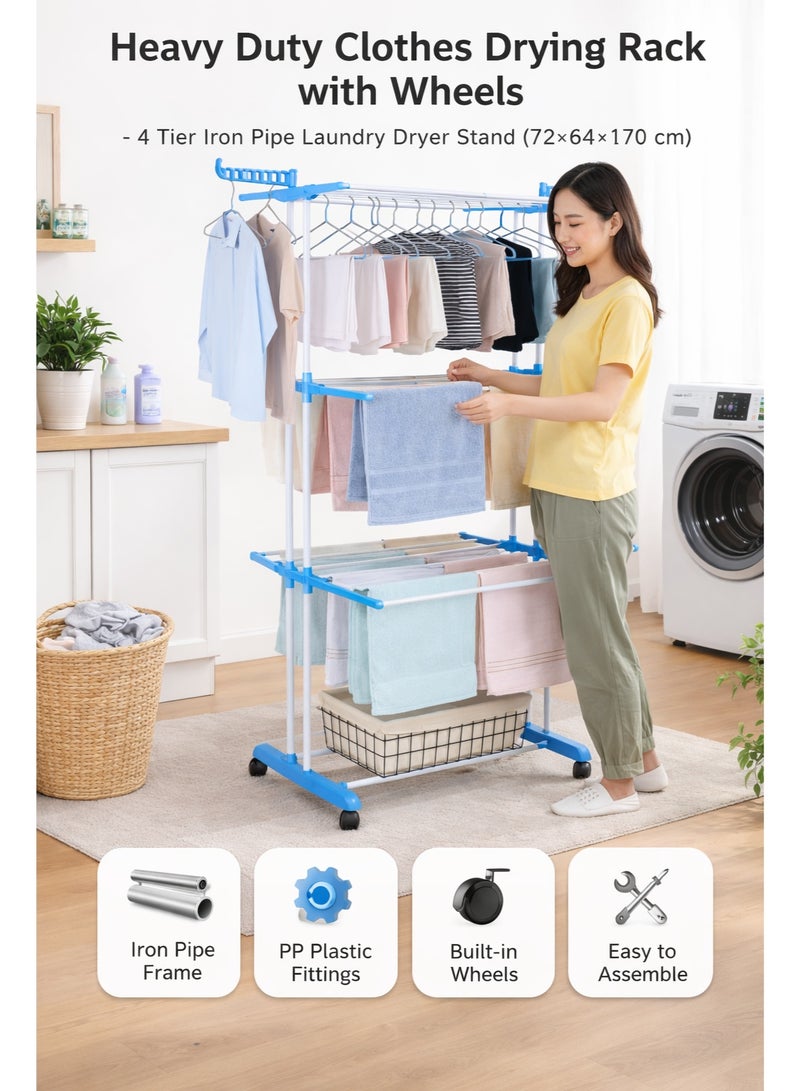 ZAPRUS Heavy Duty 4-Tier Clothes Drying Rack with Wheels – Foldable Iron Pipe Laundry Dryer Stand 16mm, Space Saving Garment Hanger Organizer for Indoor & Outdoor Use, Blue & White (72×64×170 cm) - Image 2