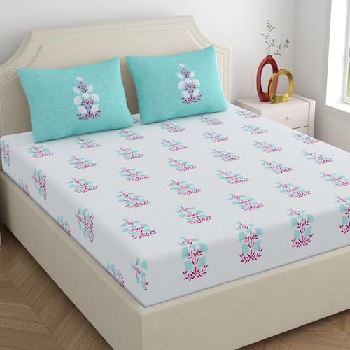 Home Ecstasy 100% Cotton King Bedsheet with 2 Pillow Covers - (Size 87 x 108 inches, 140 TC, Colour - Blue: Turquoise Drift) - Image 1