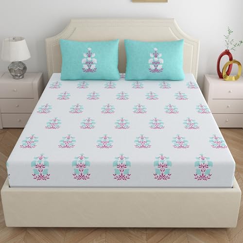 Home Ecstasy 100% Cotton King Bedsheet with 2 Pillow Covers - (Size 87 x 108 inches, 140 TC, Colour - Blue: Turquoise Drift) - Image 2