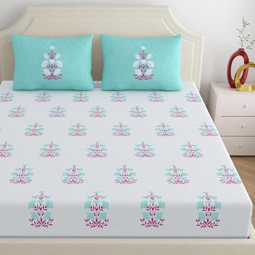 Home Ecstasy 100% Cotton King Bedsheet with 2 Pillow Covers - (Size 87 x 108 inches, 140 TC, Colour - Blue: Turquoise Drift) - Image 3