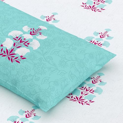 Home Ecstasy 100% Cotton King Bedsheet with 2 Pillow Covers - (Size 87 x 108 inches, 140 TC, Colour - Blue: Turquoise Drift) - Image 4