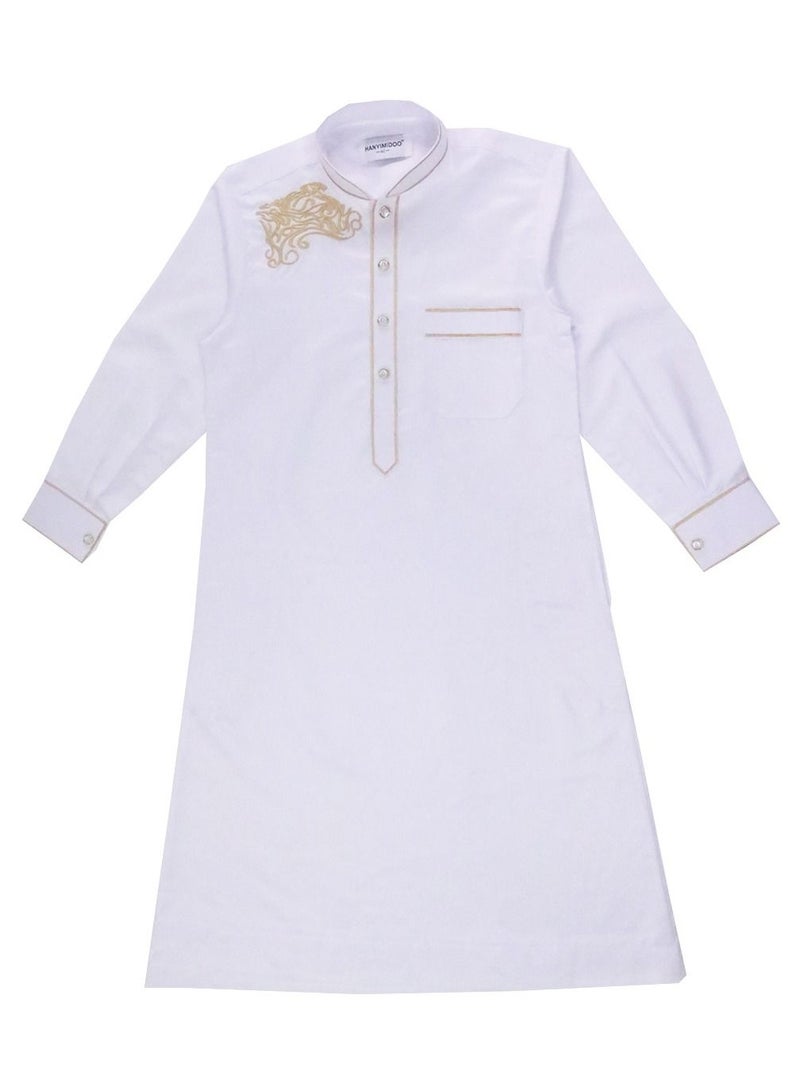 Loquat Boys Jacquard Stand Collar Long Sleeve Abaya Robe Islamic Arabic Kaftan White 