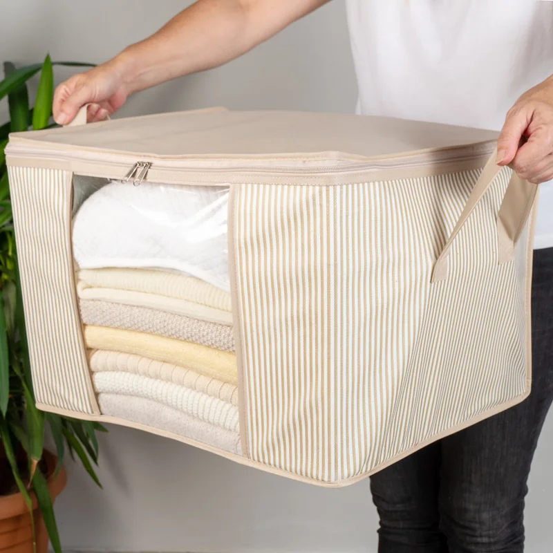 Nacarev 4 Pieces Medium Size Window Line Pattern Printed Beige Closet Clothes Organizer Bag Set 45X40X30 cm