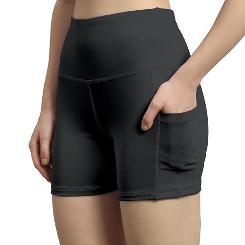 Mehrang High Waist Workout Shorts for Women, Midnight Sky, Bike Shorts with Elastic Waistband and Pockets, (M, Black) - Image 1