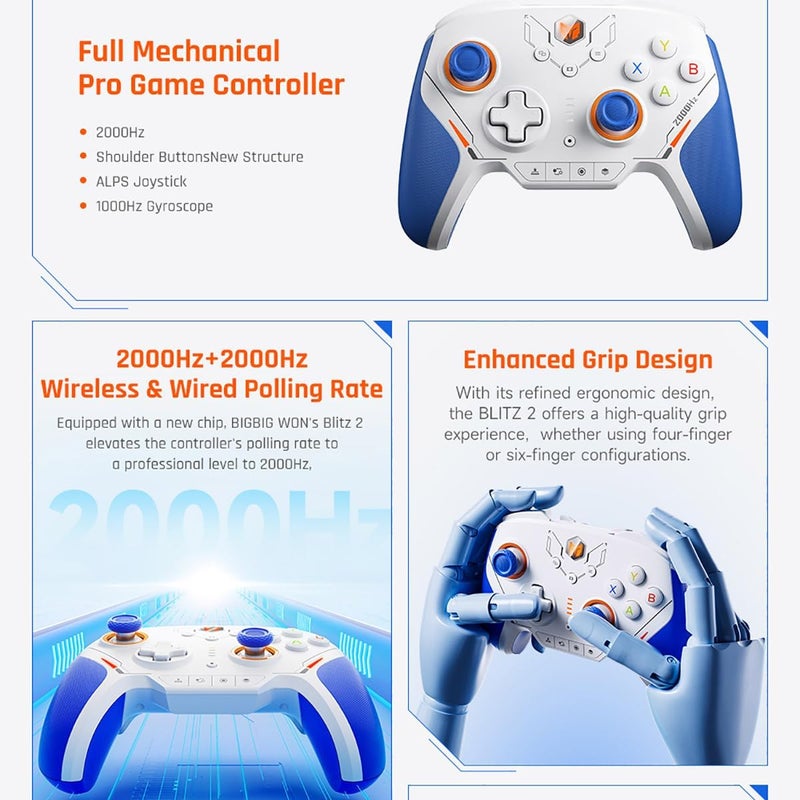 BIGBIG WON BLITZ2 Wireless Controller, 16 Fully Mechanical Micro Switch, 2000Hz Report Rate, TMR Electromagnetic Joysticks, PC Controller for PC/Switch/iOS/Android - Image 4