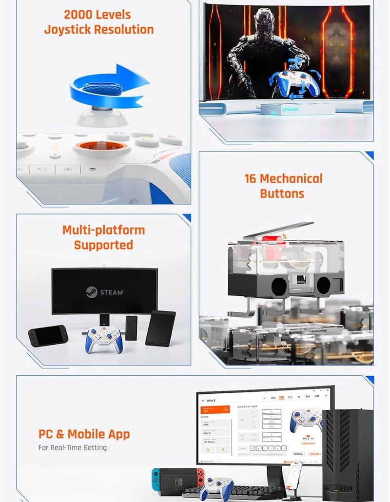 BIGBIG WON BLITZ2 Wireless Controller, 16 Fully Mechanical Micro Switch, 2000Hz Report Rate, TMR Electromagnetic Joysticks, PC Controller for PC/Switch/iOS/Android - Image 5