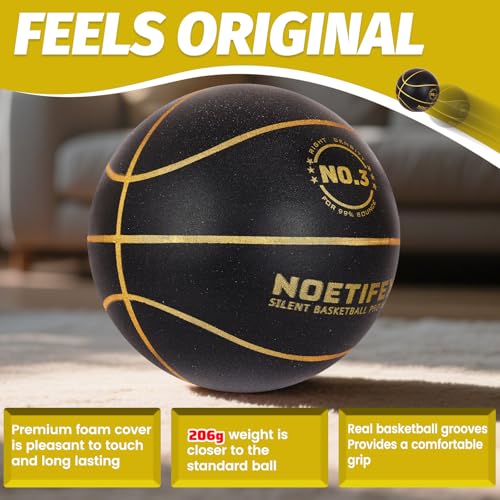 Noetifex Upgraded 580g Weighted Silent Basketball, High-Density Quiet Indoor Training Ball with Gift Box, Real Bounce Soft Material, Ideal for Home & Apartment Dribbling Practice (Black,Gold Size 3) - Image 4