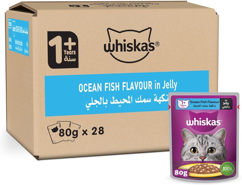 Whiskas Wet Cat Eat, Ocean Fish in Jelly, Pack of 28 x 80g, Wet Cat Food for Adult Cats 1+ Years, Complete and Balanced Nutrition - Image 1