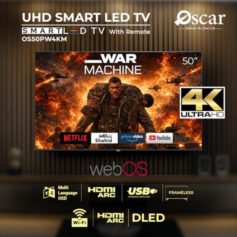 تلفزيون ذكي 50 بوصة UHD 4K لاستخدام غرفة المعيشة، لوحة LED رفيعة للغاية، تصميم بدون إطار أسود، دعم HDR10 والتحكم الصوتي عبر WiFi Bluetooth - Image 2