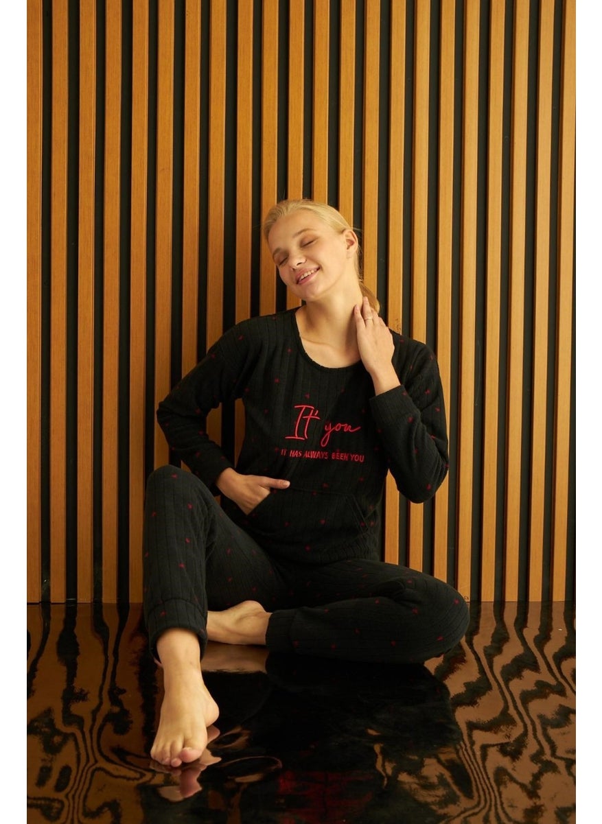Bie's Women's Crew Neck Kangaroo Pocket Wrist Cuffed Ribbed Fleece Winter Pajama Set  - Image 3
