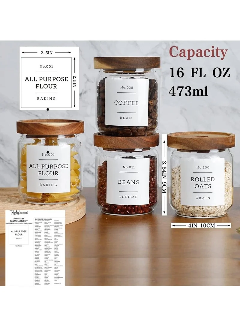 Quesera  480ML Glass food storage jars with acacia wood lids with preprinted pantry labels- pack of 8 pcs  | Best Price UAE