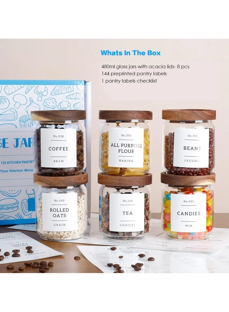 Quesera  480ML Glass food storage jars with acacia wood lids with preprinted pantry labels- pack of 8 pcs  | Best Price UAE