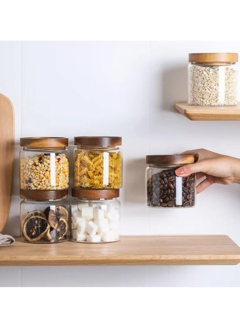 Quesera  480ML Glass food storage jars with acacia wood lids with preprinted pantry labels- pack of 8 pcs  | Best Price UAE